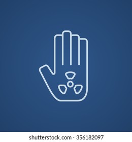 Ionisierendes Strahlungszeichen auf einem Palmensymbol für Web-, Mobil- und Infografiken. Vektorhellblaue Symbol einzeln auf blauem Hintergrund.
