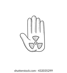 Ionización de la señal de radiación en el icono de boceto del vector de palma aislado en el fondo. Señal de radiación ionizante dibujada a mano en el icono de la palma. Ionización de la señal de radiación en el icono del boceto de palma para infografía, sitio web o aplicación.