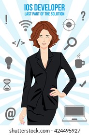 IOS developer design concept. Nice looking confident man surrounded with icons with different components of programming. Symbolizes idea that man is last part of the solution that will connect other.
