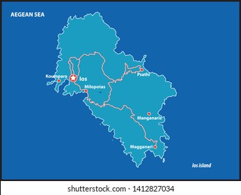 Ios Island Vector Map Greece. This is a very detailed map of Ios Island in Greece Aegean sea. It has a layer with roads and major cities.