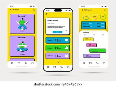 IOS meditation app concept in flat design. The design template of the meditation program, displayed on three mobile screens, is made in a bright and modern style. Vector Illustration.