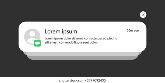 iOS smartphone Push Notification, Message Alert Popup with User Avatar. Vector Illustration