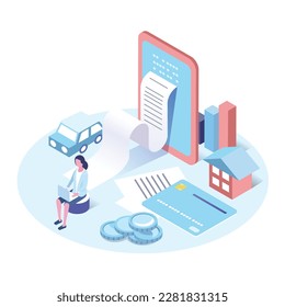 iosmetoric illustration of person check a bill at online and get payment receipt,car and house