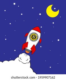 IOST Token (IOST) rocket launcher, cryptocurrency concept. The growth rate of the coin - digital payment system