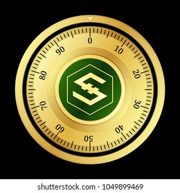 IOStoken (IOST) cryptocurrency safe lock. Eps10 vector illustration isolated on black background.