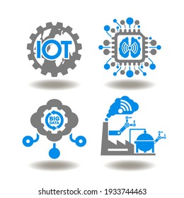 IoT AI Big Data Cloud Technology Symbol. Gear with globe and IoT, circuit with brain and wireless signal, cloud computing with big data and network, industry 4.0 automation factory vector icon set.