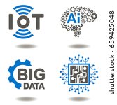 IOT AI BIG DATA MICROCHIP Vector Icon Set. Internet of things Artificial Intelligence Data Micro Circuit Information Technology Illusration. Innovative Technologies Graphic Signs.