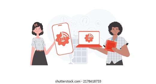 IOT and automation concept. The girl and the guy are a team in the field of IoT. Good for websites and presentations. Vector illustration.
