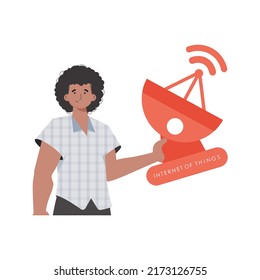 IOT und Automatisierungskonzept. Der Typ hält eine Satellitenschüssel in den Händen. Einzeln. Trendy flach Stil. Vektorgrafik.