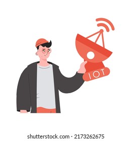 concepto de IOT y automatización. El tipo tiene una antena parabólica en sus manos. Aislado. Ilustración vectorial en estilo plano.