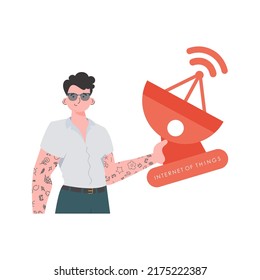 IOT and automation concept. The guy is holding a satellite dish in his hands. Isolated on white background. Vector illustration in flat style.