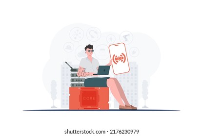 IOT and automation concept. The guy is holding a phone with the IoT logo in his hands. Vector illustration in flat style.