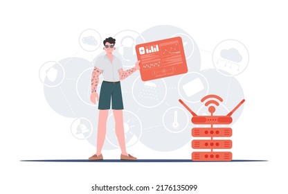 IOT and automation concept. A man holds a panel with analyzers and indicators in his hands. Good for websites and presentations. Vector illustration in flat style.