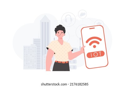 IOT and automation concept. A man holds a phone with the IoT logo in his hands. Trendy flat style. Vector illustration.