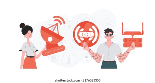 concepto de IOT y automatización. Un hombre y una mujer son un equipo en el campo de Internet de las cosas. Bueno para sitios web y presentaciones. Ilustración vectorial en estilo plano de moda.