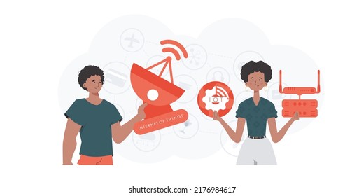 concepto de IOT y automatización. Un hombre y una mujer son un equipo en el campo de Internet de las cosas. Bueno para sitios web y presentaciones. Ilustración vectorial.