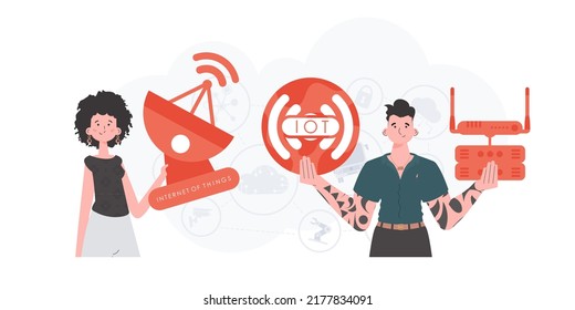 concepto de IOT y automatización. Un hombre y una mujer son un equipo en el campo de Internet de las cosas. Bueno para sitios web y presentaciones. Ilustración vectorial en estilo plano.