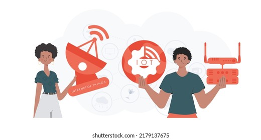 concepto de IOT y automatización. Un hombre y una mujer son un equipo en el campo de Internet de las cosas. Bueno para sitios web y presentaciones. Estilo moderno y plano. Vector.