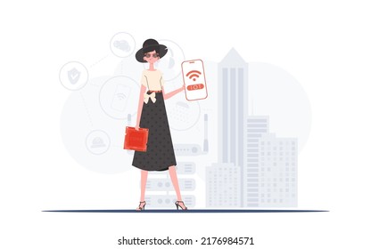 IOT and automation concept. A woman holds a phone with the IoT logo in her hands. Vector.