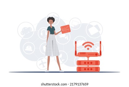 IOT and automation concept. A woman holds a panel with analyzers and indicators in her hands. Good for websites and presentations. Vector illustration.