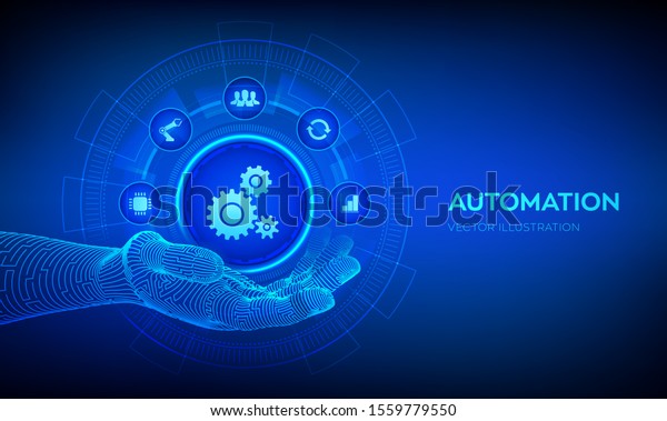 IOT and Automation\
Software concept as an innovation, improving productivity in\
technology and business processes. Automation icon in robotic hand.\
Vector illustration.
