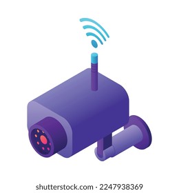 Iot Business Office isometrische Zusammensetzung mit neonfarbigem Glühsymbol für futuristisches Gerät auf unscharfem Hintergrund, Vektorgrafik