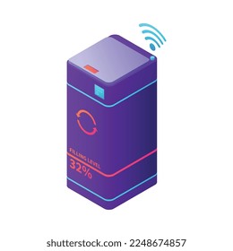 Composición isométrica de la oficina de negocios con un icono brillante de color neón de dispositivo futurista en ilustración vectorial de fondo en blanco