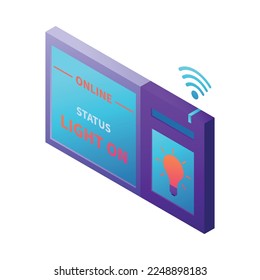 Iot business office isometric composition with neon colored glowing icon of futuristic device on blank background vector illustration