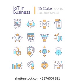 IoT in business RGB color icons set. Provide innovation. Involve technologies. Isolated vector illustrations. Simple filled line drawings collection. Editable stroke. Quicksand-Light font used