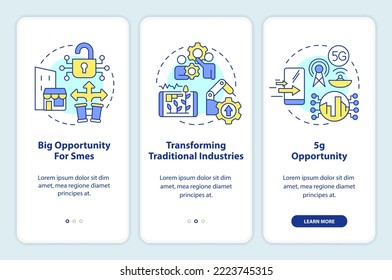 IoT business transformation onboarding mobile app screen. Opportunity walkthrough 3 steps editable graphic instructions with linear concepts. UI, UX, GUI template. Myriad Pro-Bold, Regular fonts used