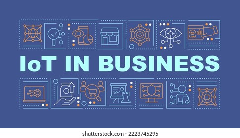 IoT in business word concepts dark blue banner. Digital transformation. Infographics with editable icons on color background. Isolated typography. Vector illustration with text. Arial-Black font used