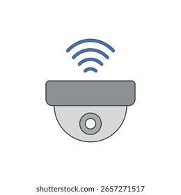 Icono de cámara de circuito cerrado de televisión IoT con forma de cúpula y ondas de señal, perfecto para ilustrar la vigilancia inteligente, el monitoreo remoto y los sistemas de seguridad conectados.
