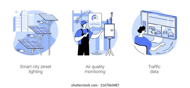 IoT City Solutions Isolated Cartoon Vector Illustrations Set. Smart City Street Lighting System, Air Quality Monitoring, Analyze Traffic Data, Internet Of Things In Urban Environment Vector Cartoon.