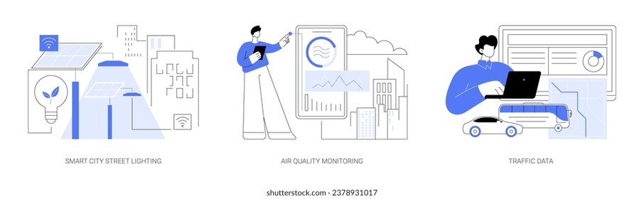 IoT Stadtlösungen einzeln Cartoon Vektorgrafiken Set. Intelligente Stadtbeleuchtung, Luftqualitätsüberwachung, Verkehrsanalyse, Internet der Dinge in städtischer Umgebung, Vektorgrafik.