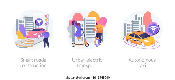 IoT city technology, transport infrastructure connections. Smart roads construction, urban electric transport, autonomous taxi metaphors. Vector isolated concept metaphor illustrations.