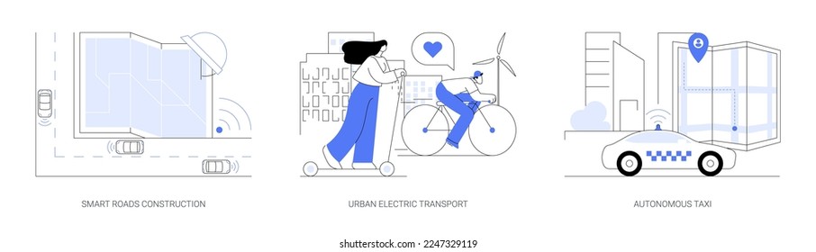 IoT city transport abstract concept vector illustration set. Smart roads construction, urban electric transport, autonomous taxi, rental electric bikes, on demand car service abstract metaphor.