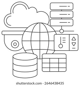 IoT and Cloud Data Sources icon. Vector pictogram with thin black lines on transparent background. Line thickness is editable. Shows cloud, database, globe, server, camera, and control panel