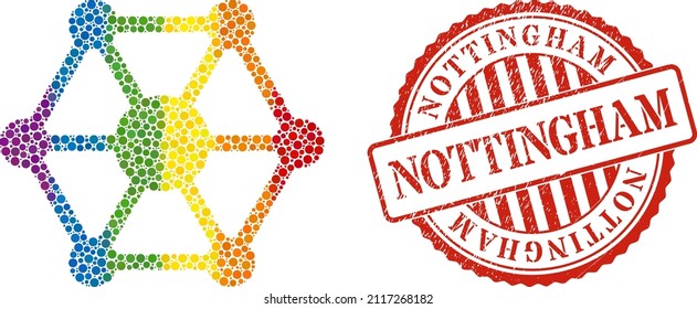 IoT composition icon of round items in different sizes and spectrum colored color tinges. Red round scratched seal imprint with Nottingham phrase. A dotted LGBT- colored IoT for lesbians, gays,