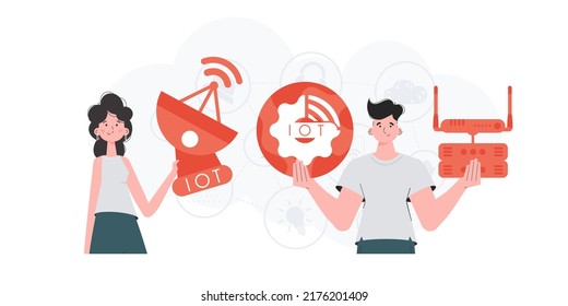 IoT concept. The girl and the guy are a team in the field of Internet of things. Good for presentations and websites. Vector illustration.
