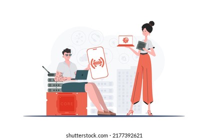 Concepto de IoT. La chica y el tipo son un equipo en el campo de Internet de las cosas. Bueno para sitios web y presentaciones. Ilustración vectorial en estilo plano de moda.