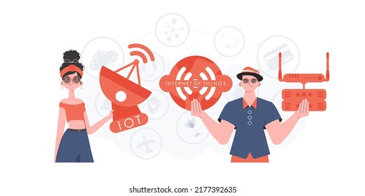 Concepto de IoT. La chica y el tipo son un equipo en el campo de Internet de las cosas. Bueno para sitios web y presentaciones. Ilustración vectorial en estilo plano.