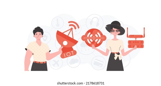 Concepto de IoT. La chica y el tipo son un equipo en el campo de Internet de las cosas. Bueno para sitios web y presentaciones. Ilustración vectorial.