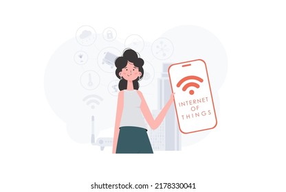 IoT concept. The girl is holding a phone with the IoT logo in her hands. Vector.