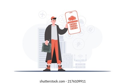 IoT concept. The guy is holding a phone with the IoT logo in his hands. Vector illustration in flat style.