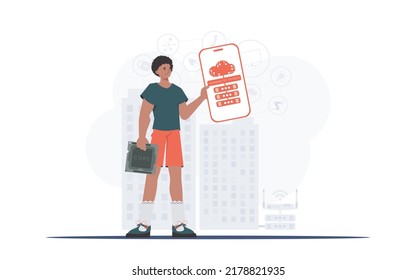 IoT concept. The guy is holding a phone with the IoT logo in his hands. Vector illustration in trendy flat style.
