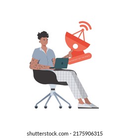 Concepto de IoT. El tipo tiene una antena parabólica en sus manos. Aislado sobre fondo blanco. Ilustración vectorial en estilo plano.