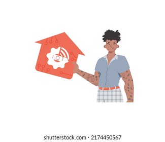 Concepto de IoT. El tipo se muestra a la cintura. Un hombre sostiene un ícono de una casa en sus manos. Aislado sobre fondo blanco. Ilustración vectorial en estilo plano de moda.