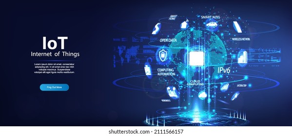 IoT Concept - Internet Of Things сonnection Available Worldwide. Network Covering The Globe And Remote Access From Anywhere In The World. IoT Web Banner Template, Network Connections. Vector Banner