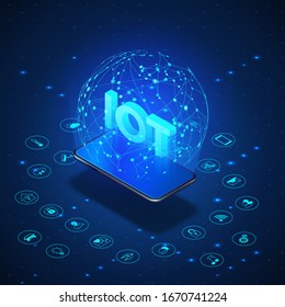 IOT concept. Internet of Things. Mobile phone monitoring and controls all smart system in house in blue color. Global network controlled by smartphone with icons set. Vector illustration