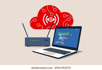 Concepto de IoT. Portátil con router. Ilustración vectorial en estilo plano.